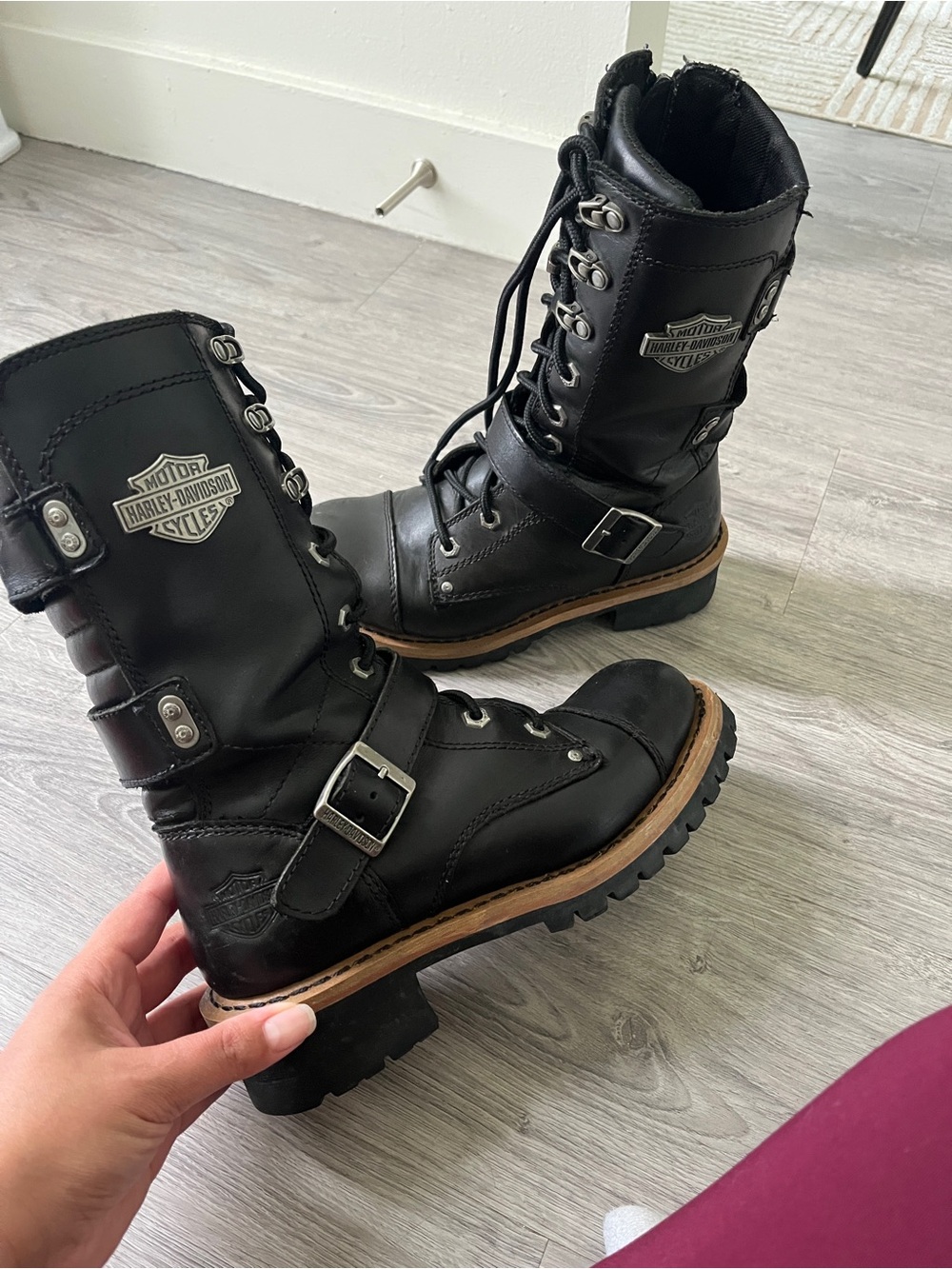 Harley-Davidson Black Leather Lace-Up Buckle Combat Boots